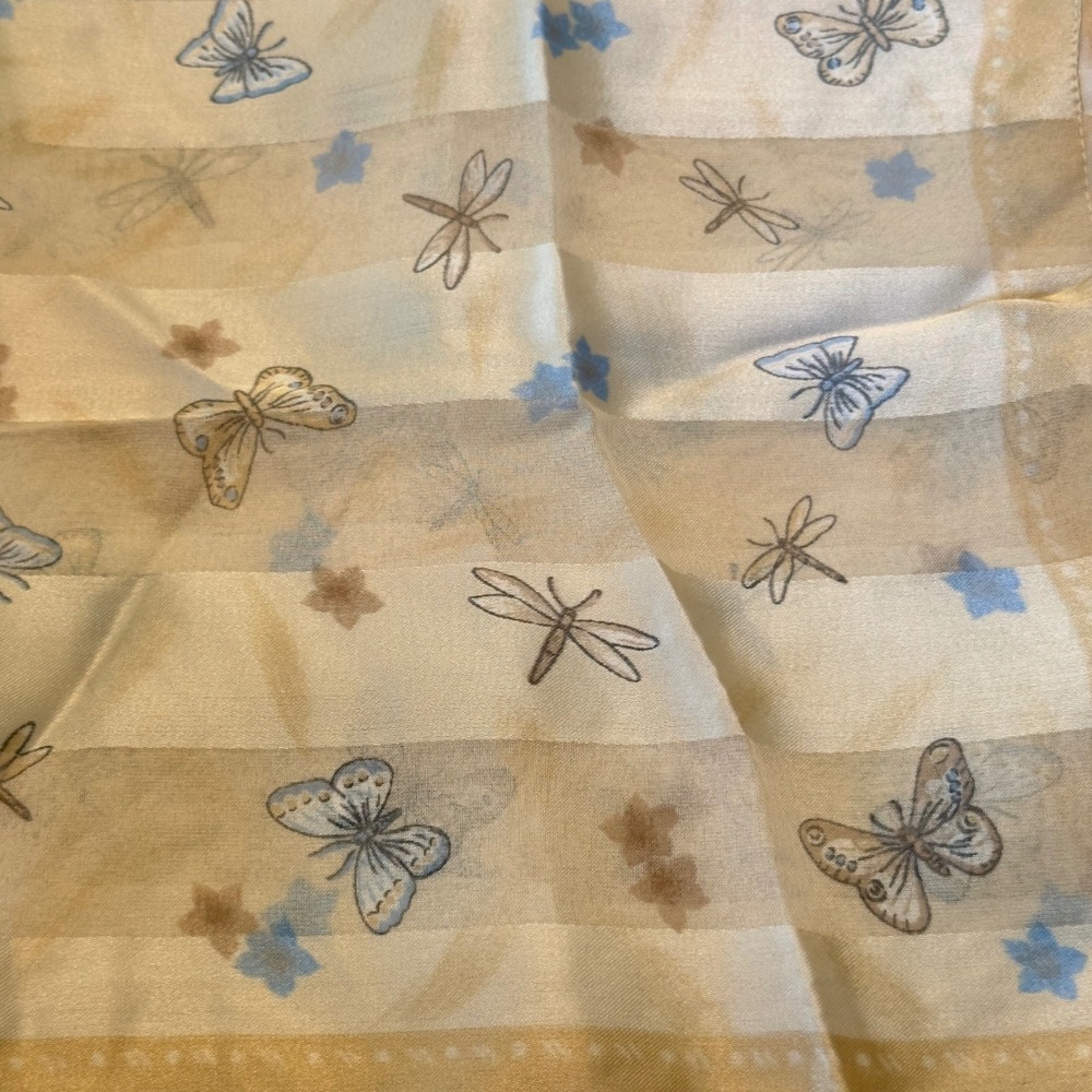 Made Italy Butterfly Dragonfly Striped Square Scarf Cream Tan Blue Cottagecore - Picture 2 of 7
